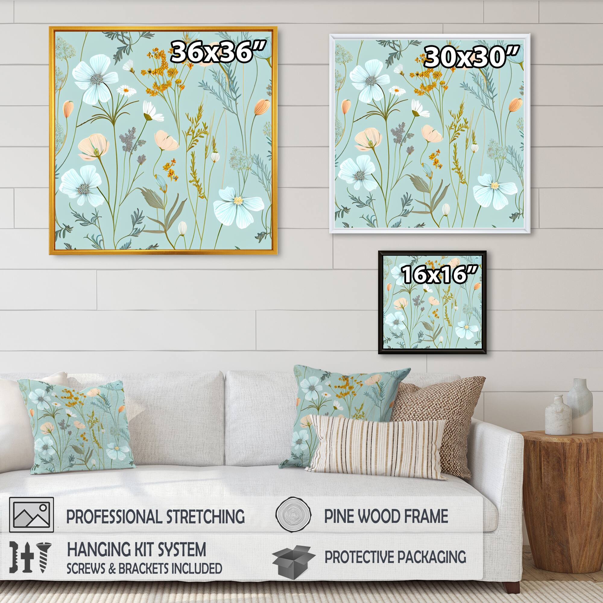Designart "Blossoming Pastel Wildflowers On Light Blue II" Floral Bouquet Framed Canvas Wall Art